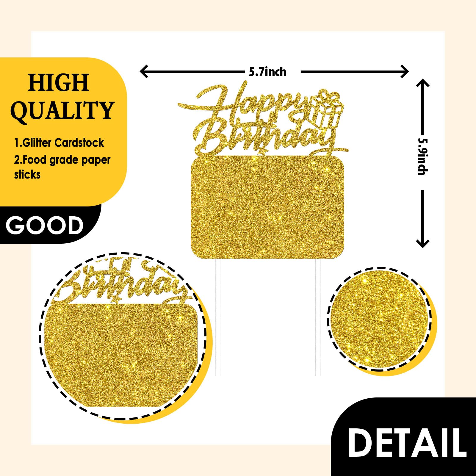 Happy Birthday Cake Topper with Photo Frame, Girl Boy Woman Man Birthday Photo Picture Cake Topper, Anniversary Party Cake Decorations Gold Glitter