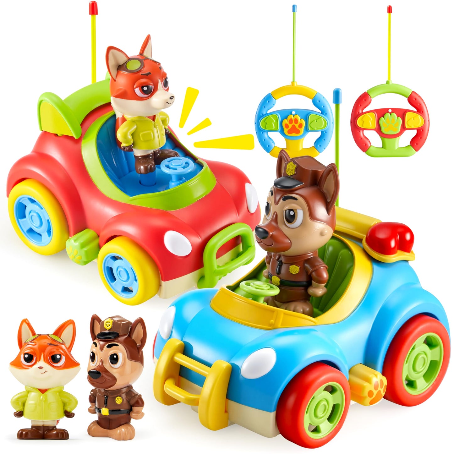lalalark JOVA 2 Pack Remote Control Car for Toddlers, RC Cars with Cartoon Figure, Kids Toy Bumper Cars with LED Lights and Sounds, Light Up Car