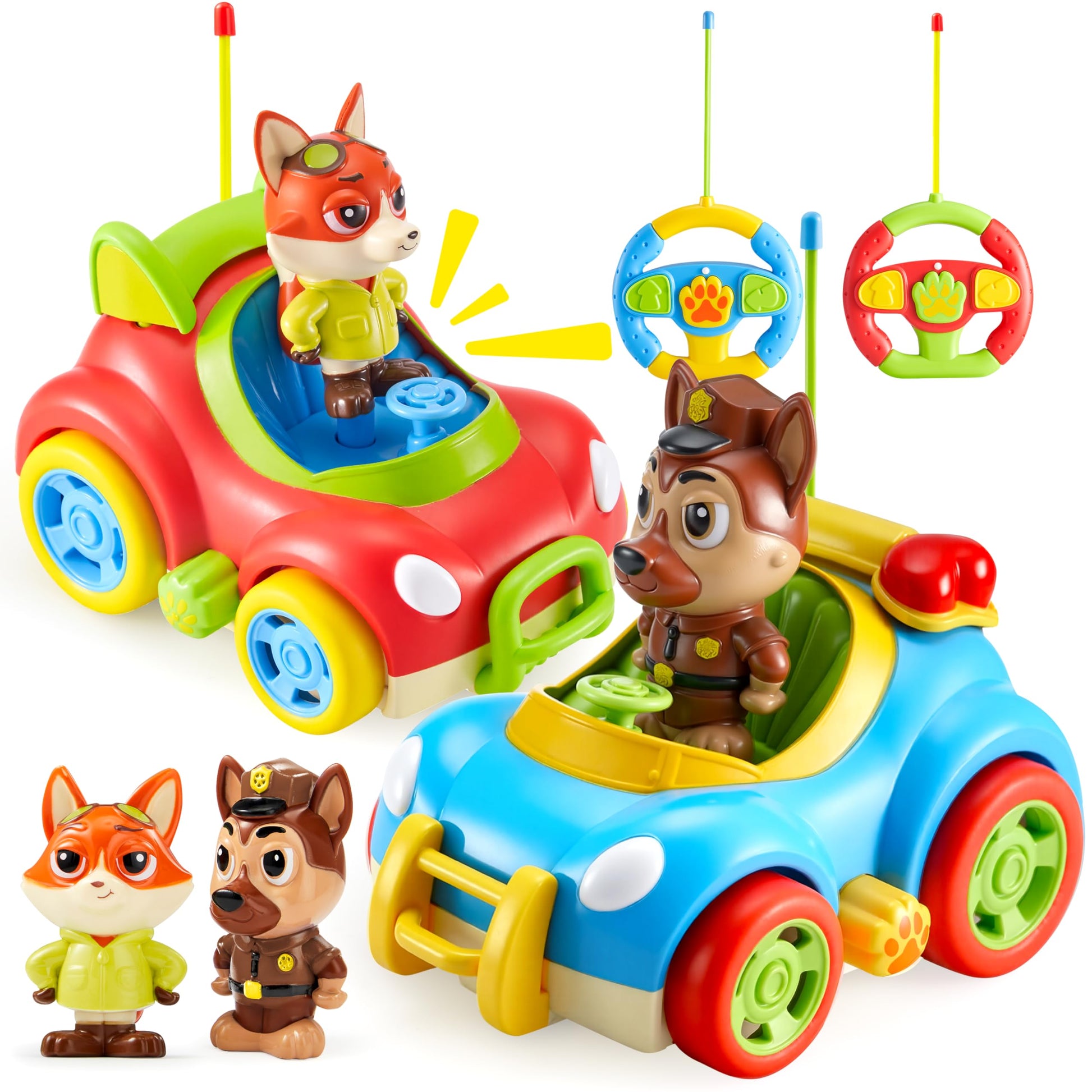 lalalark JOVA 2 Pack Remote Control Car for Toddlers, RC Cars with Cartoon Figure, Kids Toy Bumper Cars with LED Lights and Sounds, Light Up Car