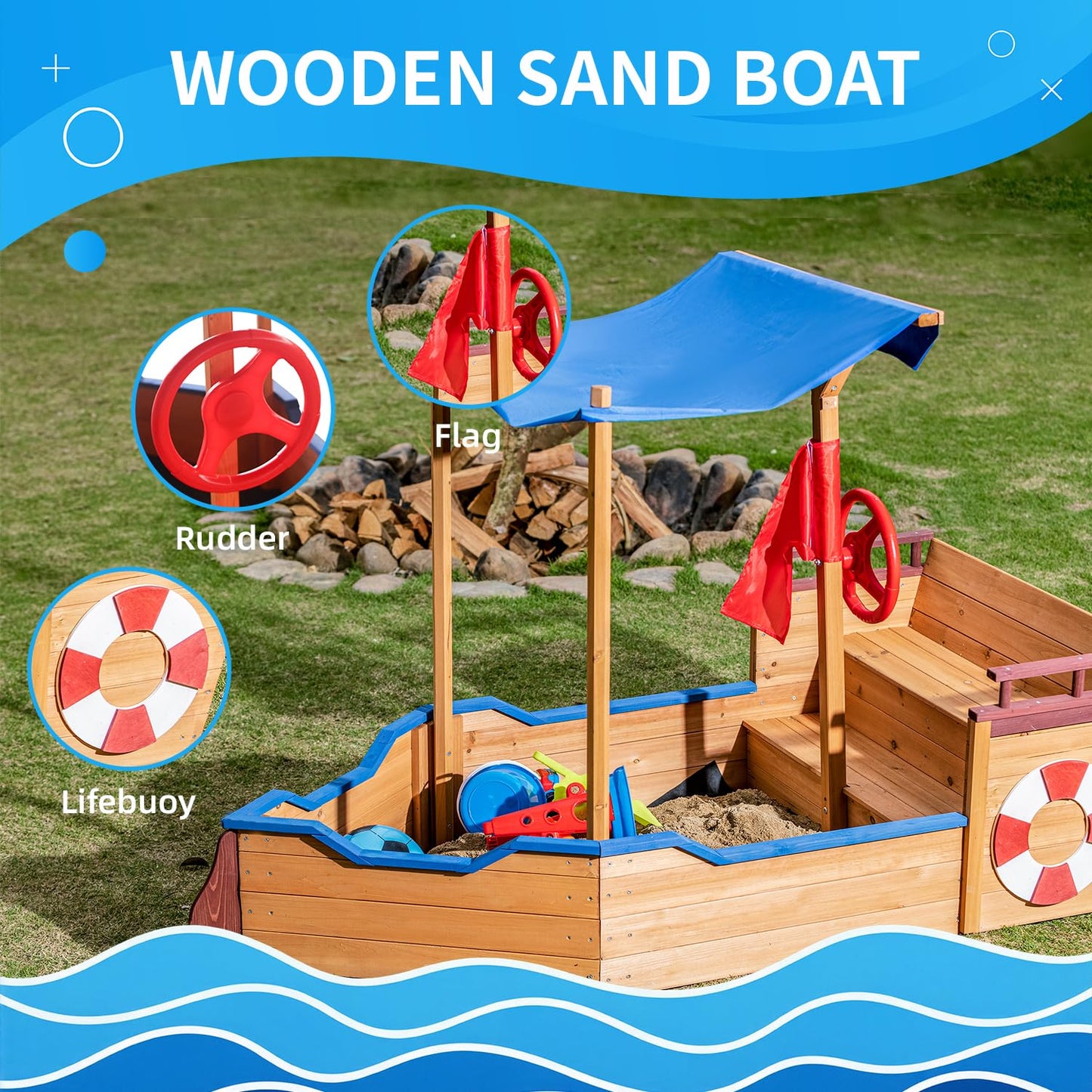 GFDGFD 63" Large Wooden Pirate Ship Sandbox with Cover, Waterproof Canopy & Storage Bench, Sturdy Sand Pit with Rudder & Steps for Children Ages 3-8