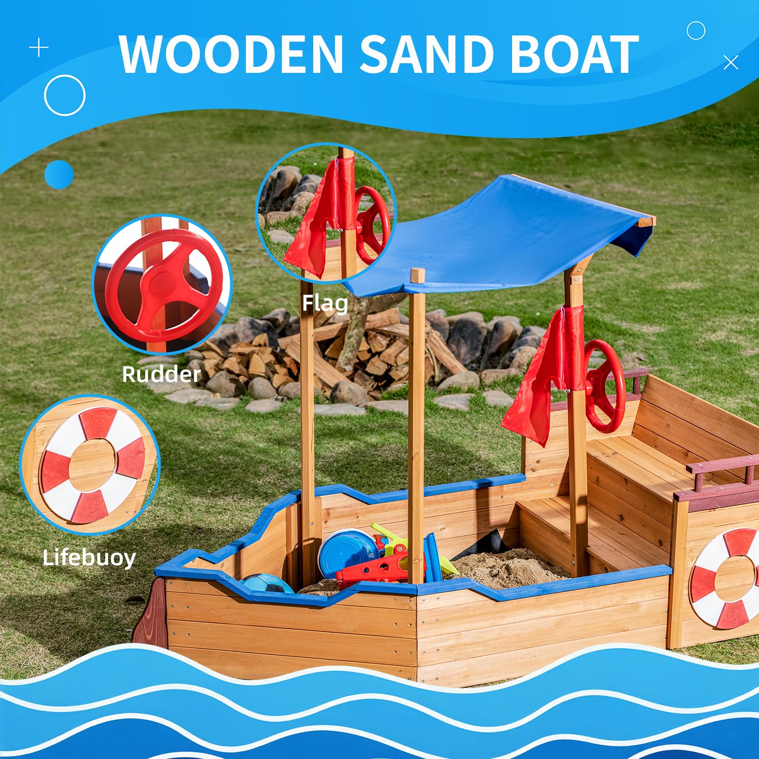 GFDGFD 63" Large Wooden Pirate Ship Sandbox with Cover, Waterproof Canopy & Storage Bench, Sturdy Sand Pit with Rudder & Steps for Children Ages 3-8