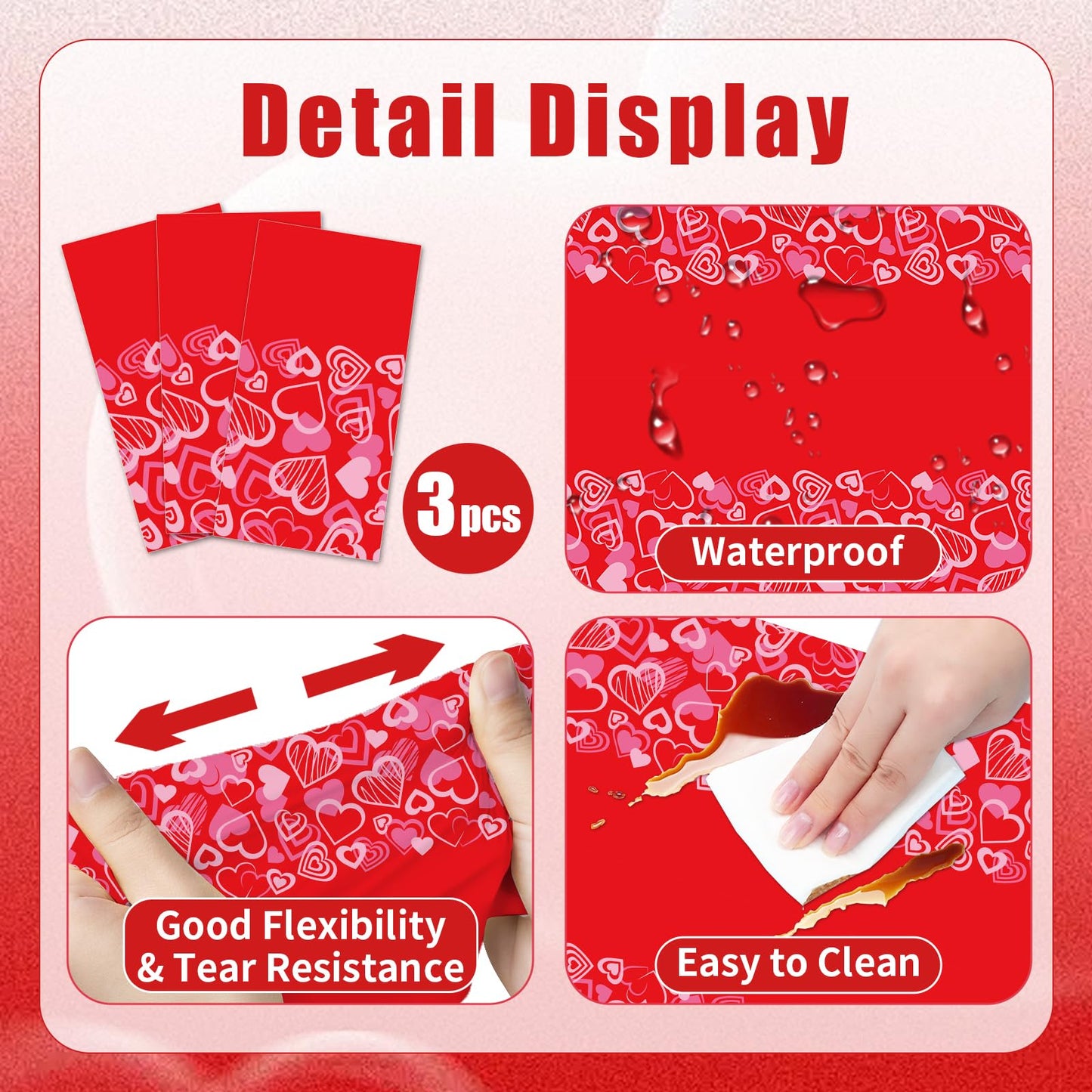 Herytem 3-Piece 54 x 108 Inch Valentine’s Day Plastic Tablecloth - Red Heart Disposable Rectangle Table Covers for Romantic Party, Love Decorations