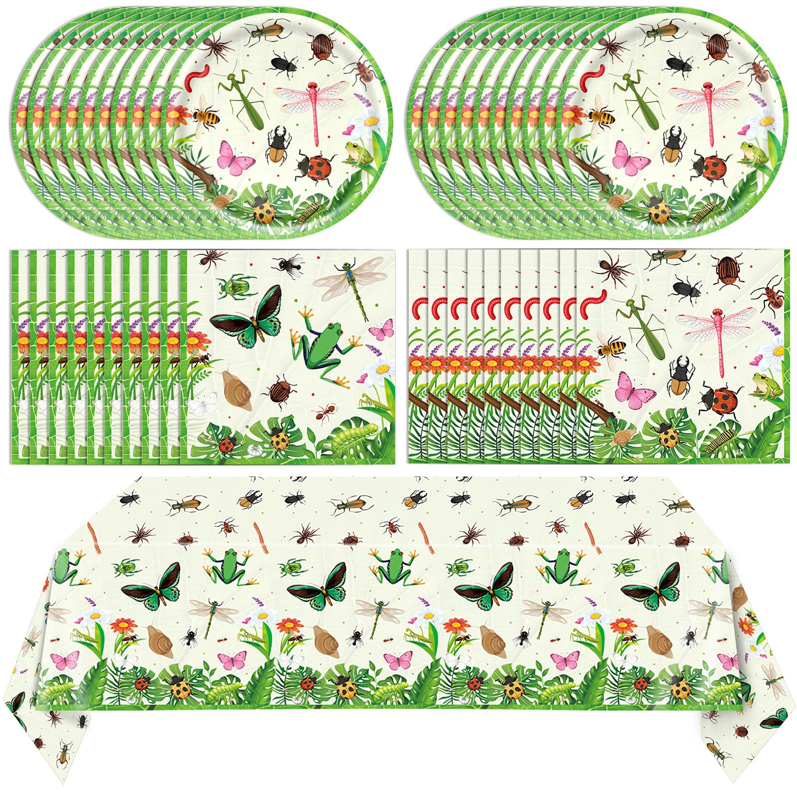 41Pcs Bug Birthday Party Decorations, Kids Garden Insect Explorer Adventure Themed Tableware Set Bug Paper Plates Napkins Tablecloth,for Garden Nature
