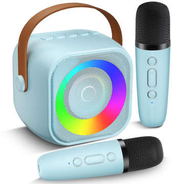 Mini Karaoke Machine, Portable Bluetooth Speaker with 2 Wireless Microphones for Kids & Adults, Karaoke Microphone with LED Lights, Gifts for Girls &