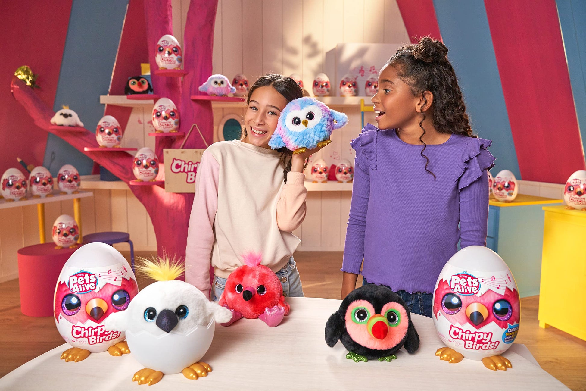 Pets Alive Chirpy Birds (Flamingo) by ZURU, Electronic Pet that Speaks, Giant Surprise Egg, Stickers, Comb, Fluffy Clay, Bird Animal Plush for Girls