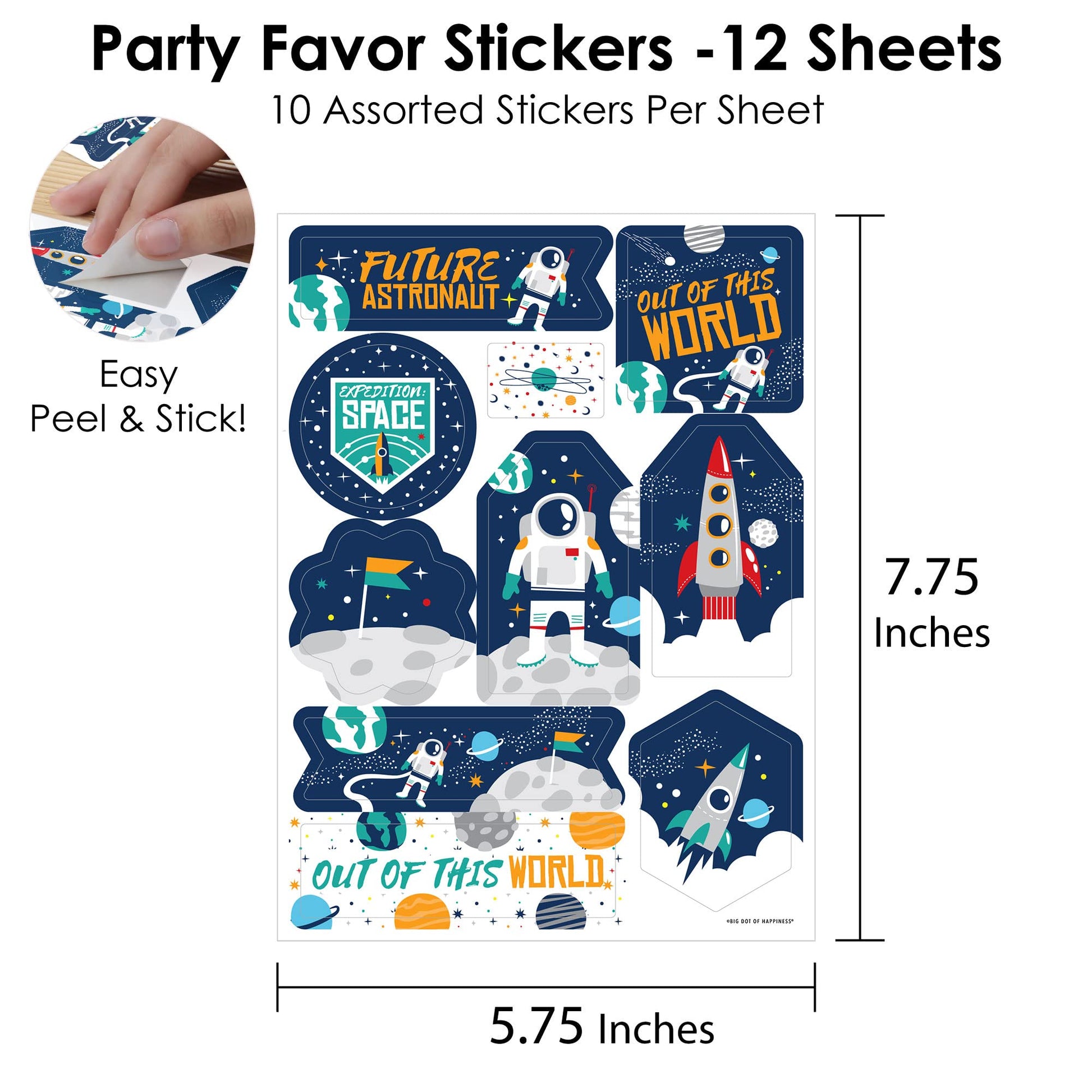 Big Dot of Happiness Blast Off to Outer Space - Rocket Ship Baby Shower or Birthday Party Favor Sticker Set - 12 Sheets - 120 Stickers