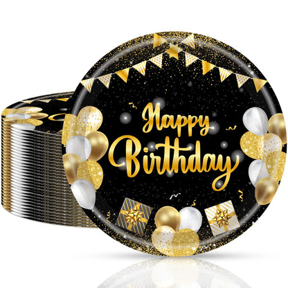 Cekivina 20Pcs Birthday Plates 9 Inch Large Paper Plates Black and Gold Party Tableware Dinner Plate Set, for Boys Girls Women Men Happy Birthday