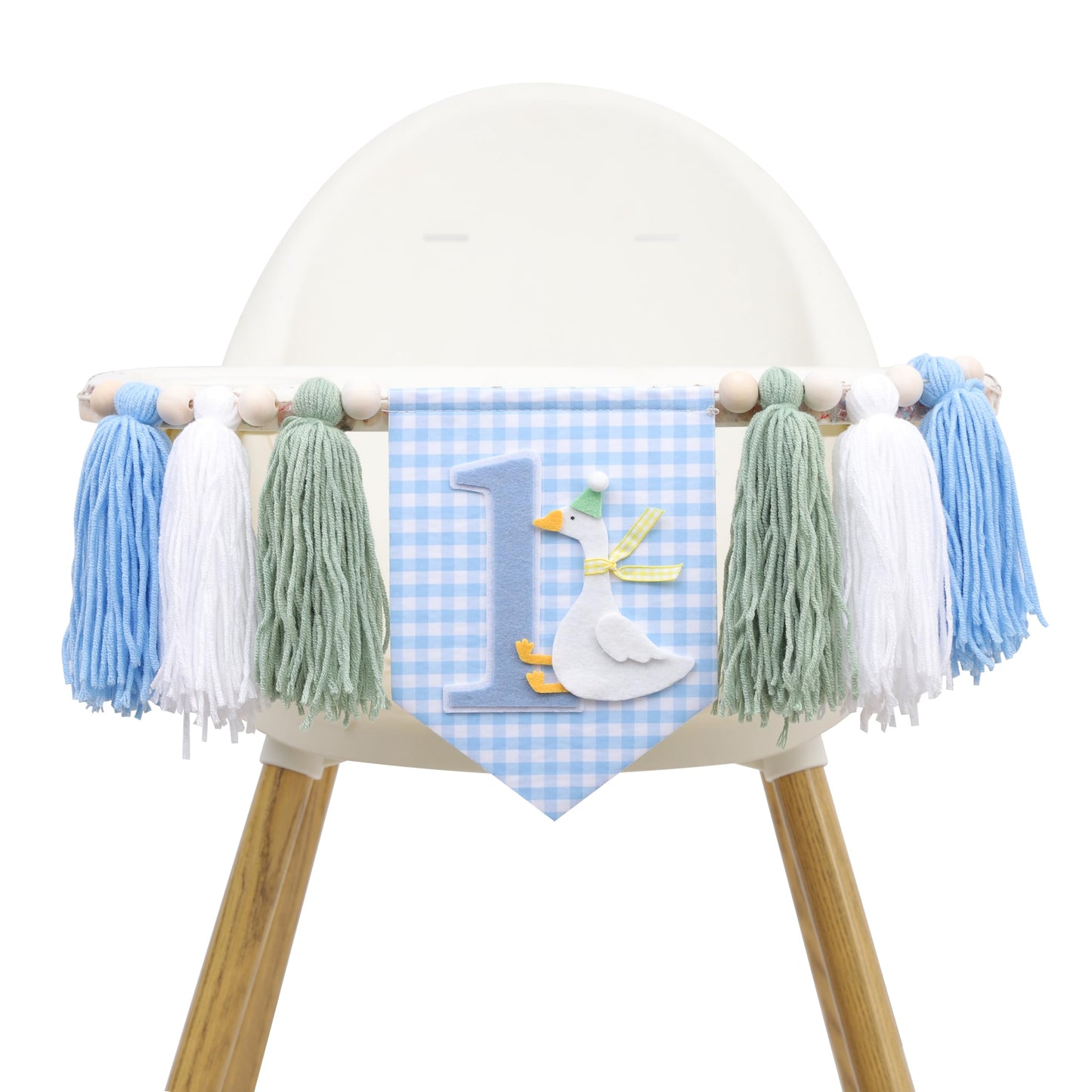 One Funny Goose High Chair Banner for Boys - Goose Theme 1st Birthday Decorations, Blue Gingham Style 1st Birthday Yarn Tassel Banner, Boys First
