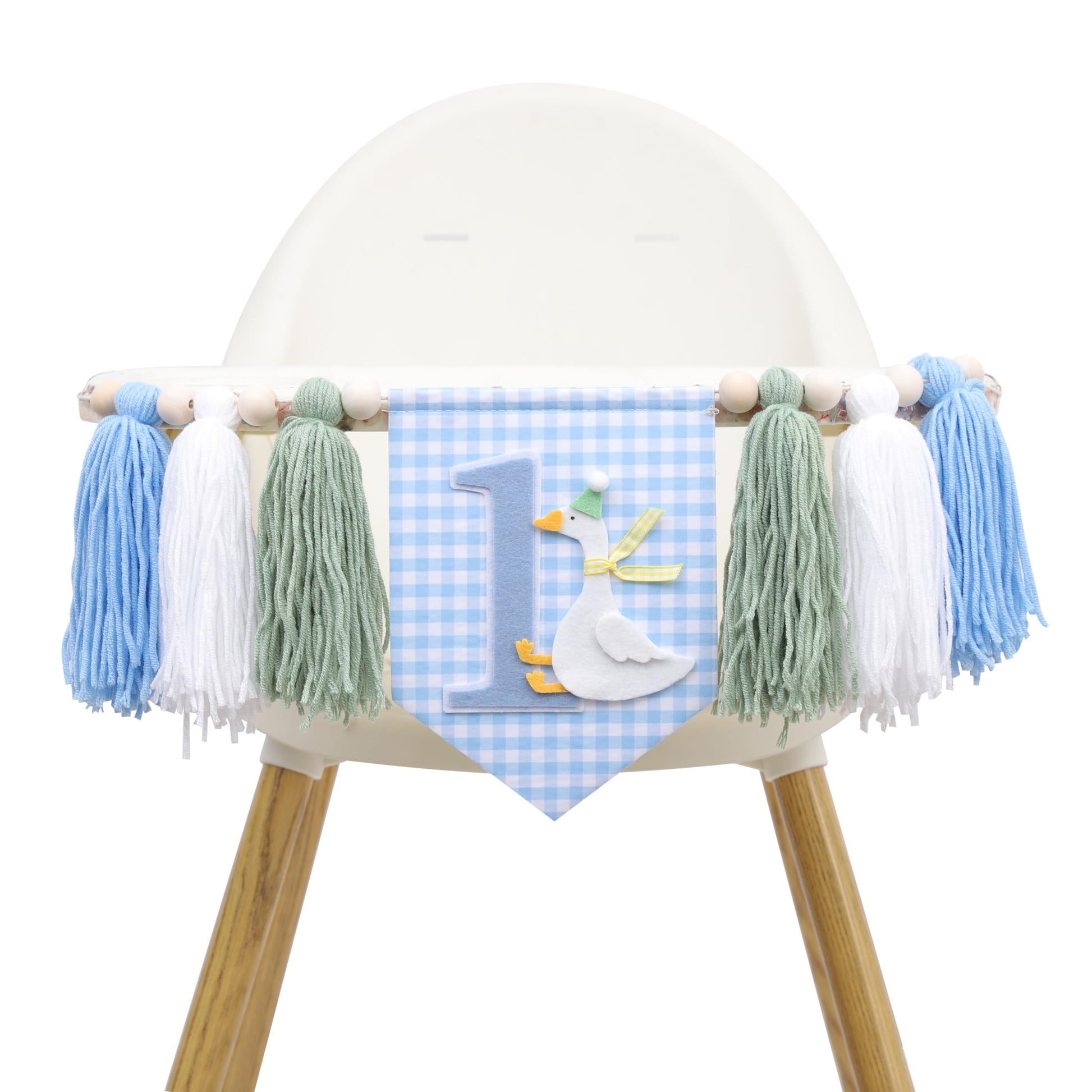 One Funny Goose High Chair Banner for Boys - Goose Theme 1st Birthday Decorations, Blue Gingham Style 1st Birthday Yarn Tassel Banner, Boys First