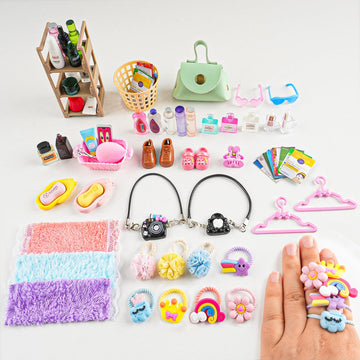 93 PCS Miniature Dollhouse Accessories Dollhouse Bathroom and Makeup Set with Towel Toothbrush Shampoo Toiletries Mini Perfume Shoes Backpack for Girl