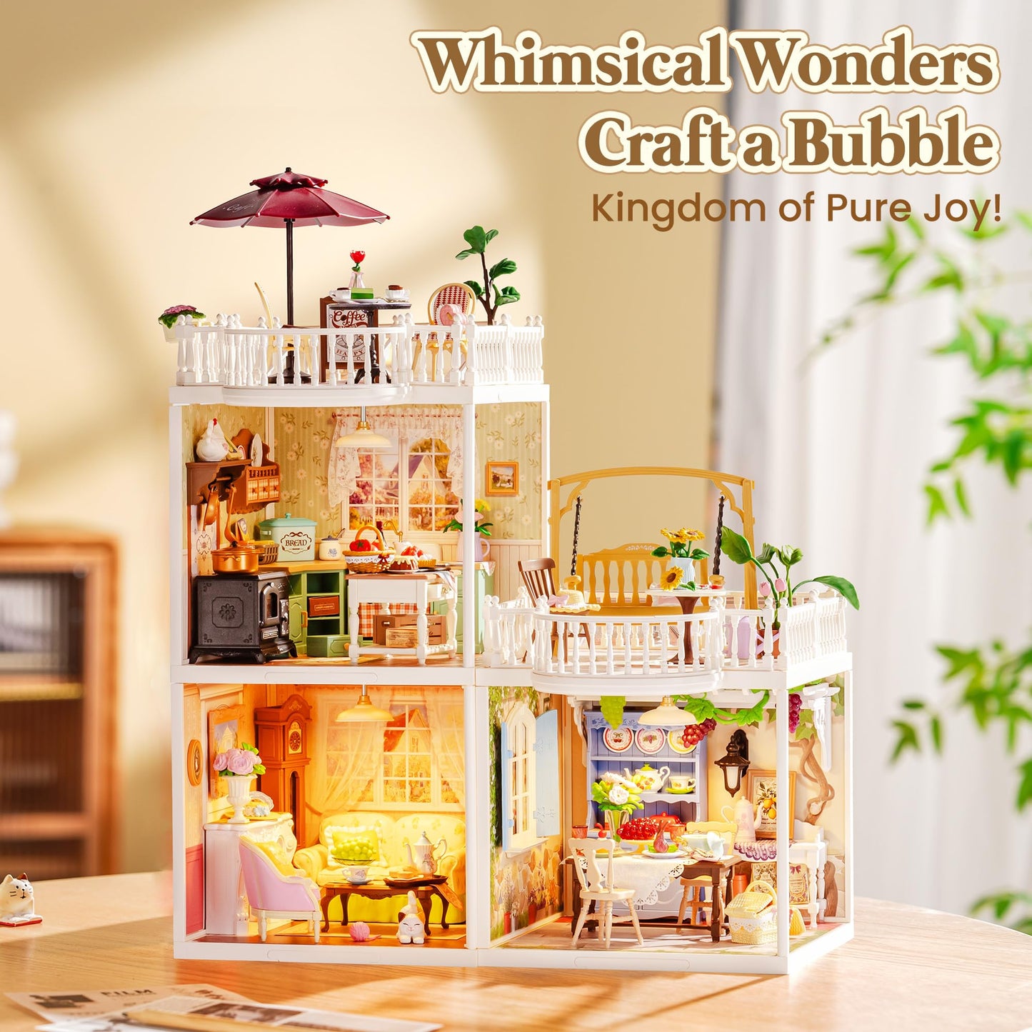 ROBOTIME Super Creator Kits, Miniature House Kit, DIY Plastic House Building Toy Set with LED, Tiny Garden Making Kit Model Craft Hobby Unique Gift