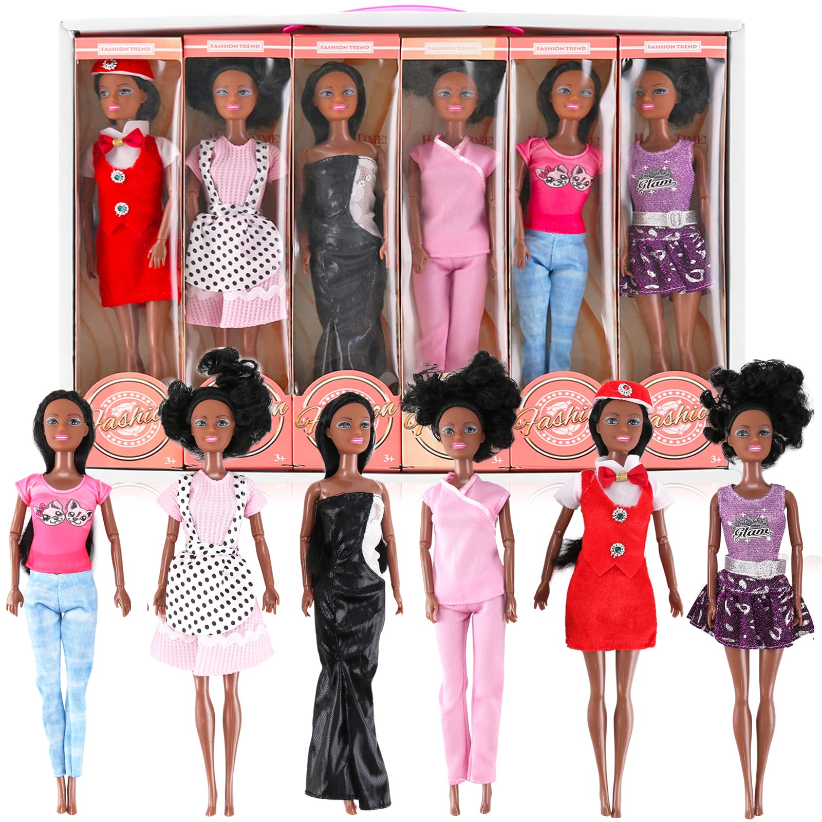 Liberty Imports 6 Set of African American Black Toy Dolls - 11.5" Premium Fashion Style Diversity Role Play Dolls, Bundle Variety Pack for Kids, Girls