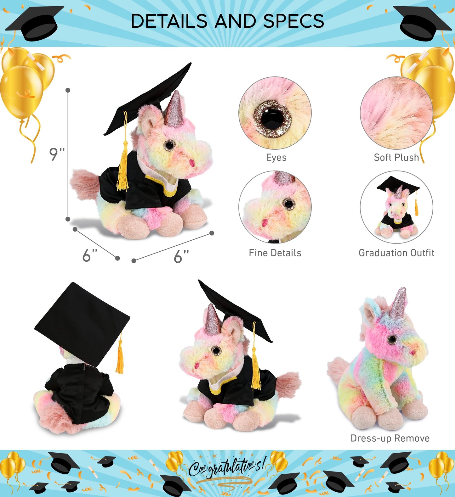 DolliBu Rainbow Unicorn Graduation Plush Toy - Super Soft Plush Graduation Stuffed Animal Dress Up with Gown and Cap with Tassel Outfit