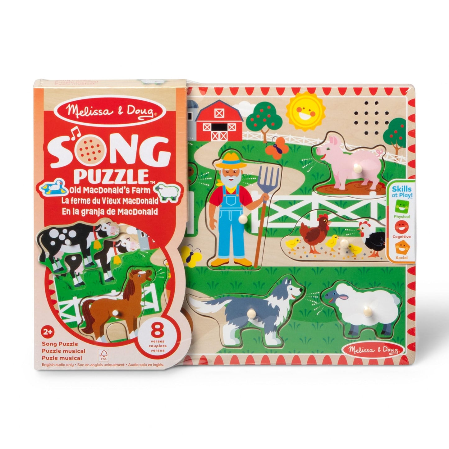 Melissa & Doug Old MacDonald's Farm Song Puzzle - 8-Piece Wooden Peg Puzzle with Light-Activated Sounds, Music Learning Toy for Toddlers and