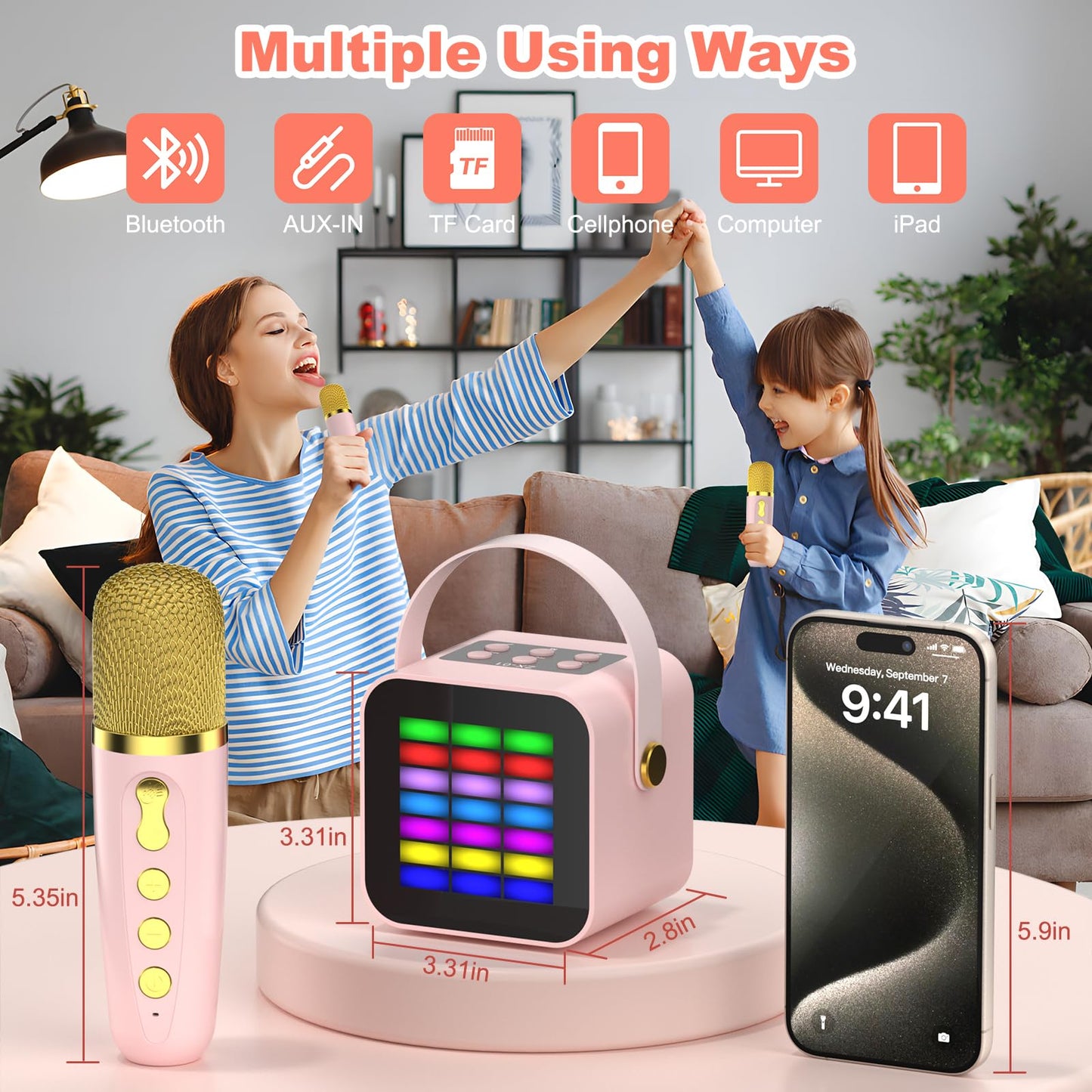 Mini Karaoke Machine for Kids Girls: Portable Bluetooth Speaker with 2 Wireless Microphones and RGB Lights, Birthday Gift Toys for Boys Ages 4+ Year