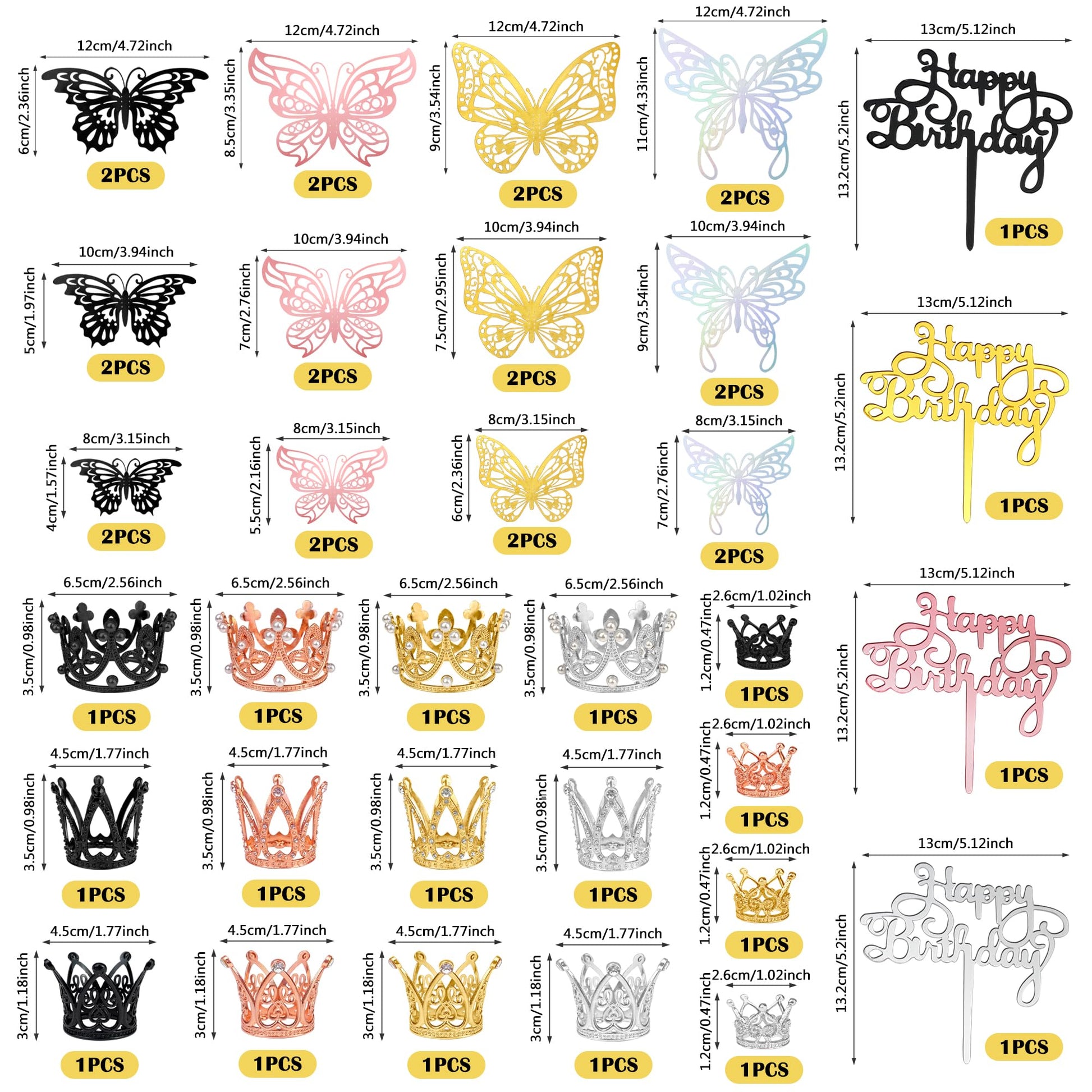 44 PCS Grown Cake Decorations 16 PCS Mini Crowns with 24 PCS Butterfly Wall Decors and 4 PCS Birthday Insert Cards for Women Girl Crown Birthday Party