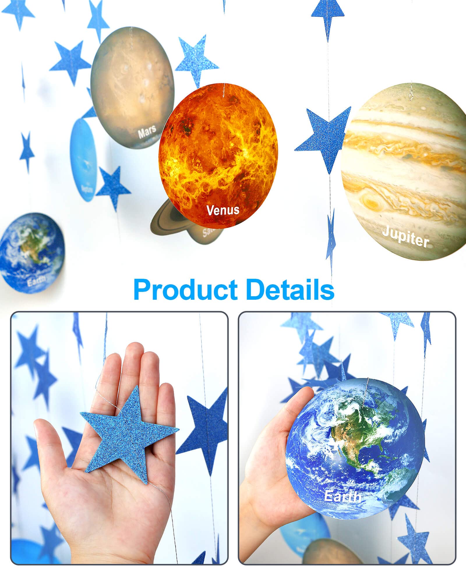 Solar System Decoration Banner, Eight Planet Garland with Blue Shimmer Star