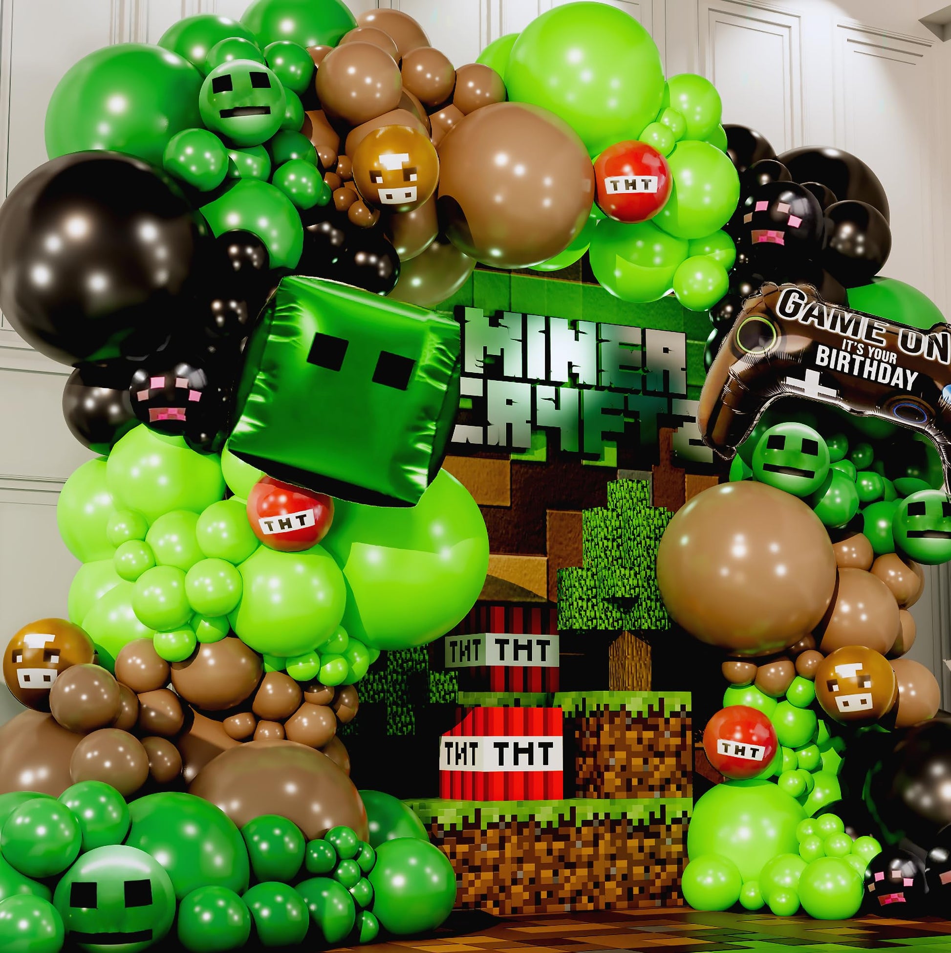 ALL-IN-1 Black Brown & Green Balloon Arch Kit with BONUS Green FOIL Balloon & Game Controller Balloons for Birthday Decorations - Green Brown Black