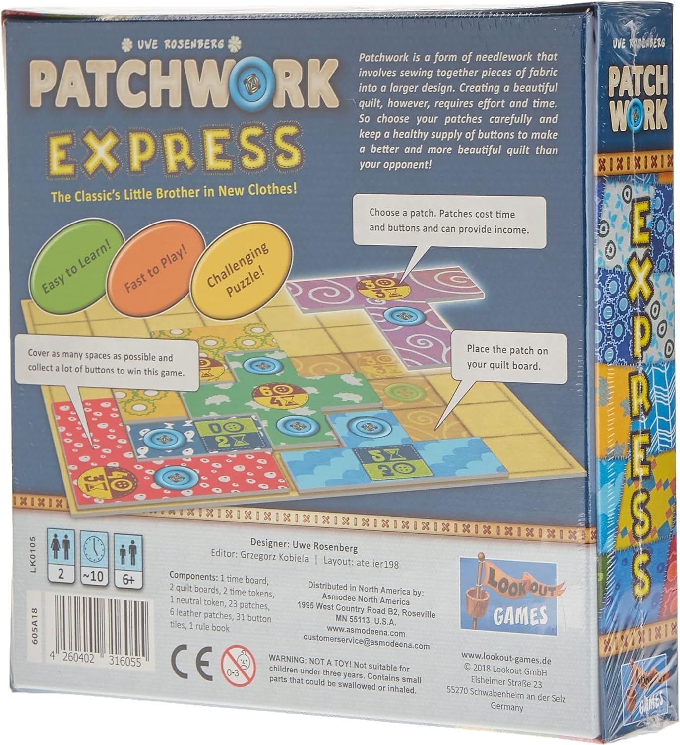 Patchwork Express Board Game - Fast-Paced Two-Player Quilting Strategy Game! Interactive Puzzle Game for Kids & Adults, Ages 6+, 2 Players, 20 Minute