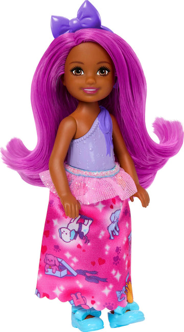 Barbie Royal Chelsea Doll with Pink Hair and Purple Bow Headband, Colorful Printed Skirt
