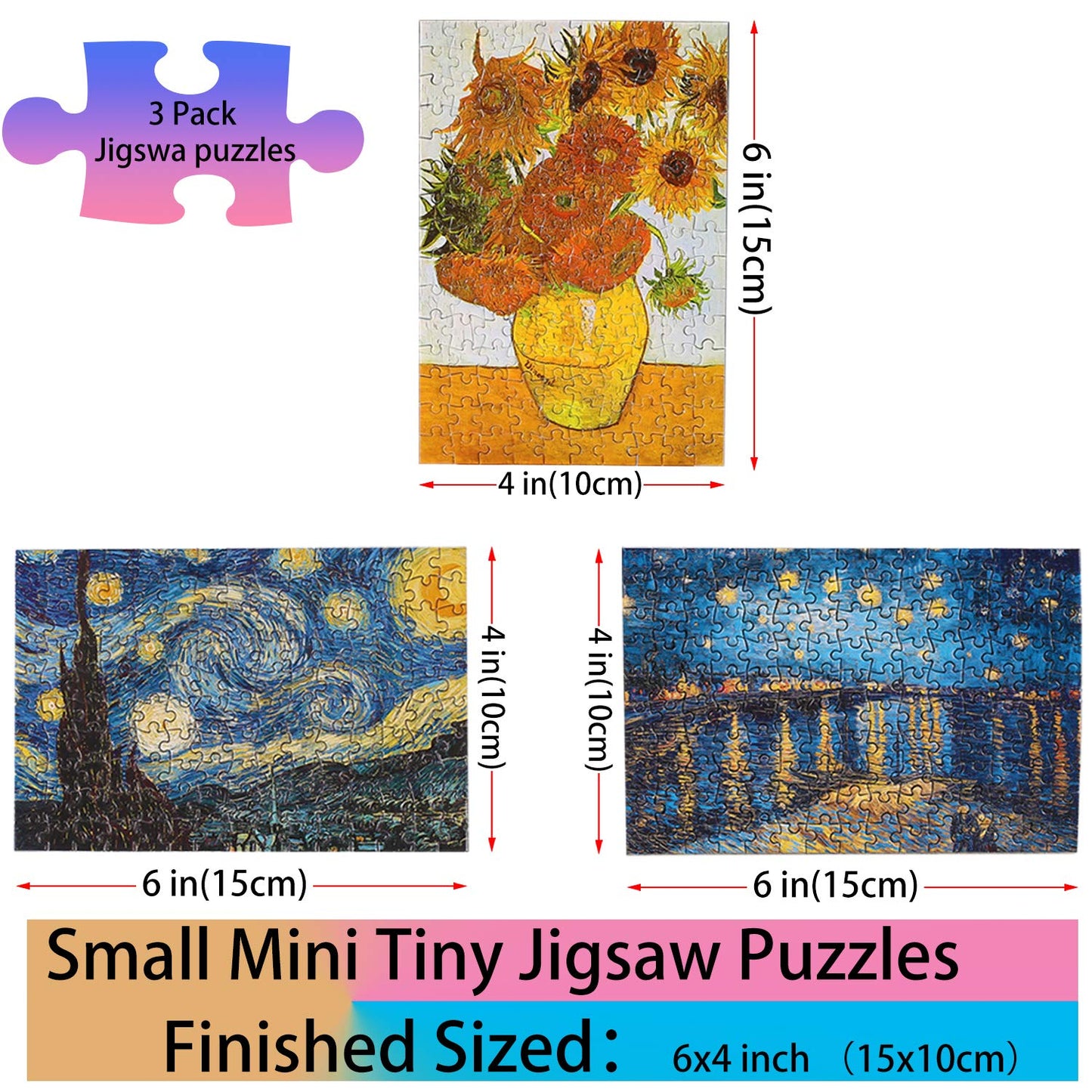 Small Jigsaw Puzzles for Adults Challenging Puzzle Small Puzzles Mini Jigsaw Puzzles for Adults 150 Pieces Starry Night Rhone River Sunflower 6 x 4