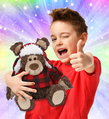 DolliBu Super Soft Plush Red Plaid Outfit Grizzly Bear - Adorable Playtime Zoo Bear Plush with Clothes, Cute Cuddle Gift - 9 Inches