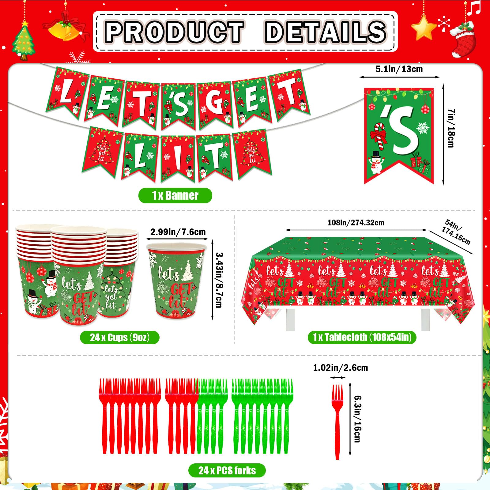 122 Pcs Let's Get Lit Christmas Party Decorations Christmas Party Supplies Tableware Set Let's Get Lit Plates and Napkins Tableware for Friendsmas