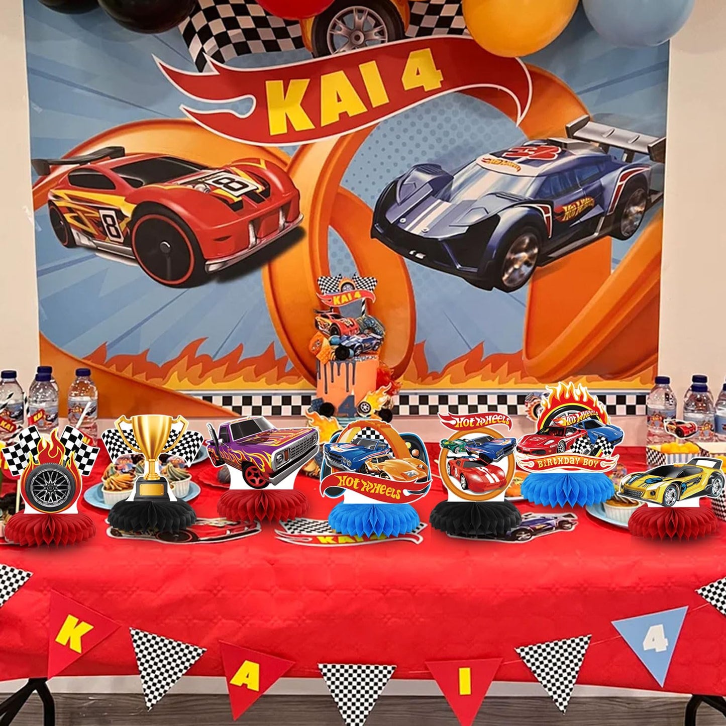 Hot Cars Party Decorations Honeycomb Centerpiece, 9 Pieces Race Car Themed 3D Double Side Cake Toppers Table Centerpieces, Cartoon Photo Backdrop