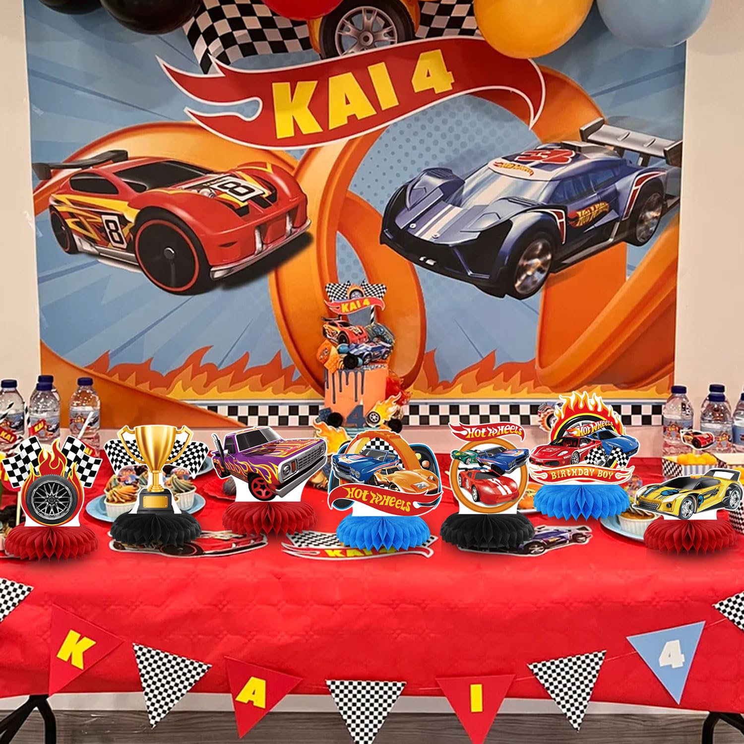 Hot Cars Party Decorations Honeycomb Centerpiece, 9 Pieces Race Car Themed 3D Double Side Cake Toppers Table Centerpieces, Cartoon Photo Backdrop