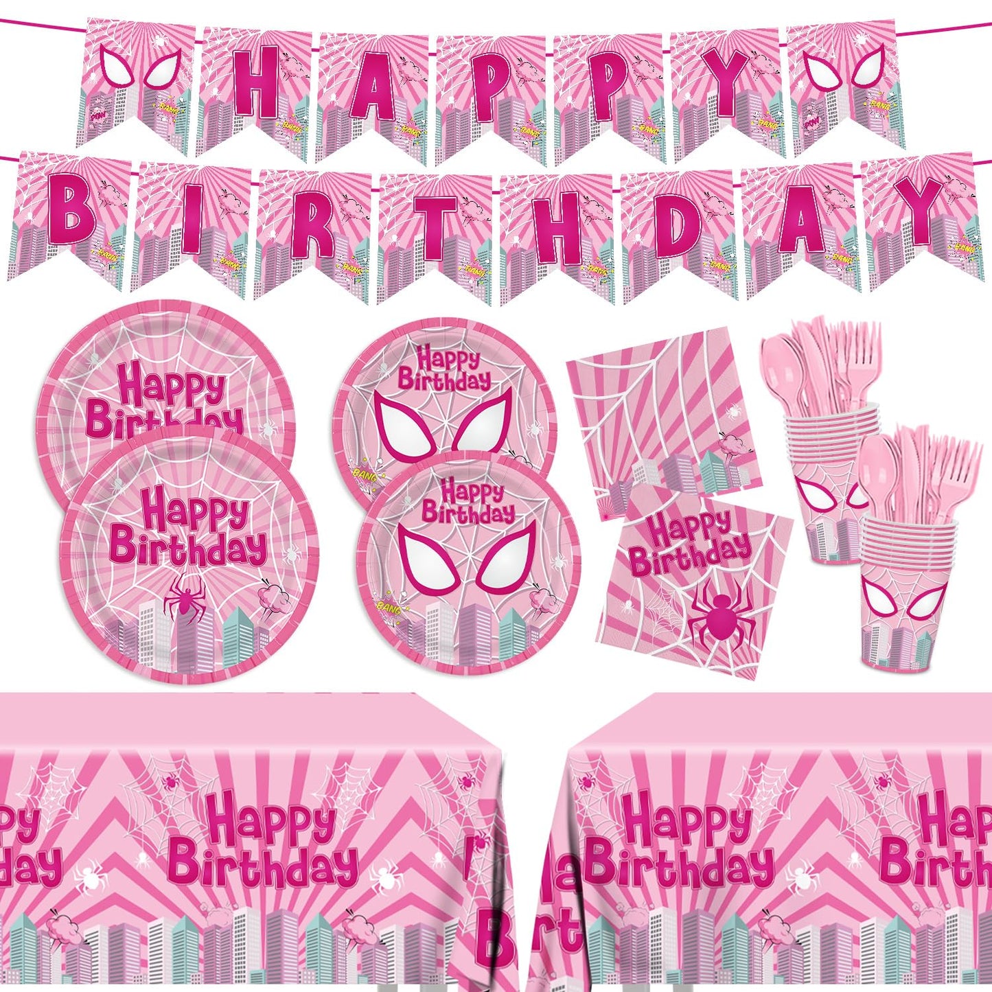 Pnuocax 171pcs Pink Spider Birthday Party Plates Napkins Paper Super Girl Cups Banner Disposable Tablecloth Tableware Set Good for Birthday Party