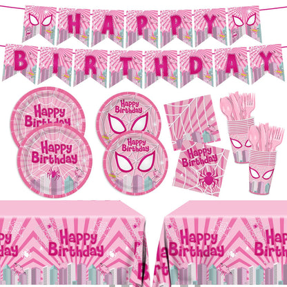 Pnuocax 171pcs Pink Spider Birthday Party Plates Napkins Paper Super Girl Cups Banner Disposable Tablecloth Tableware Set Good for Birthday Party