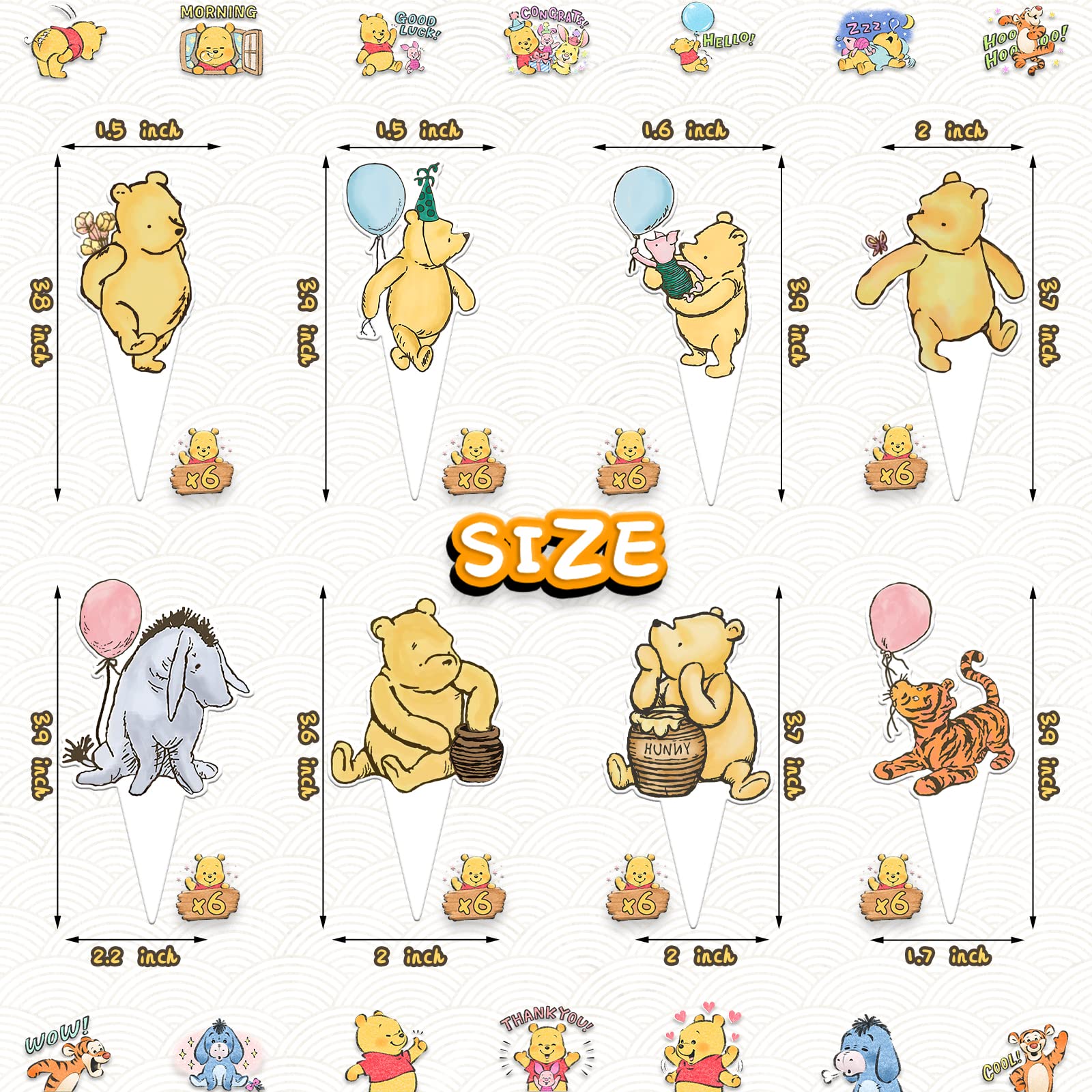 48 Pcs Winnie Baby Shower Cupcake Toppers for Classic Birthday Party Supplies Cute Winnie Cake Topper for Baby Shower Decorations