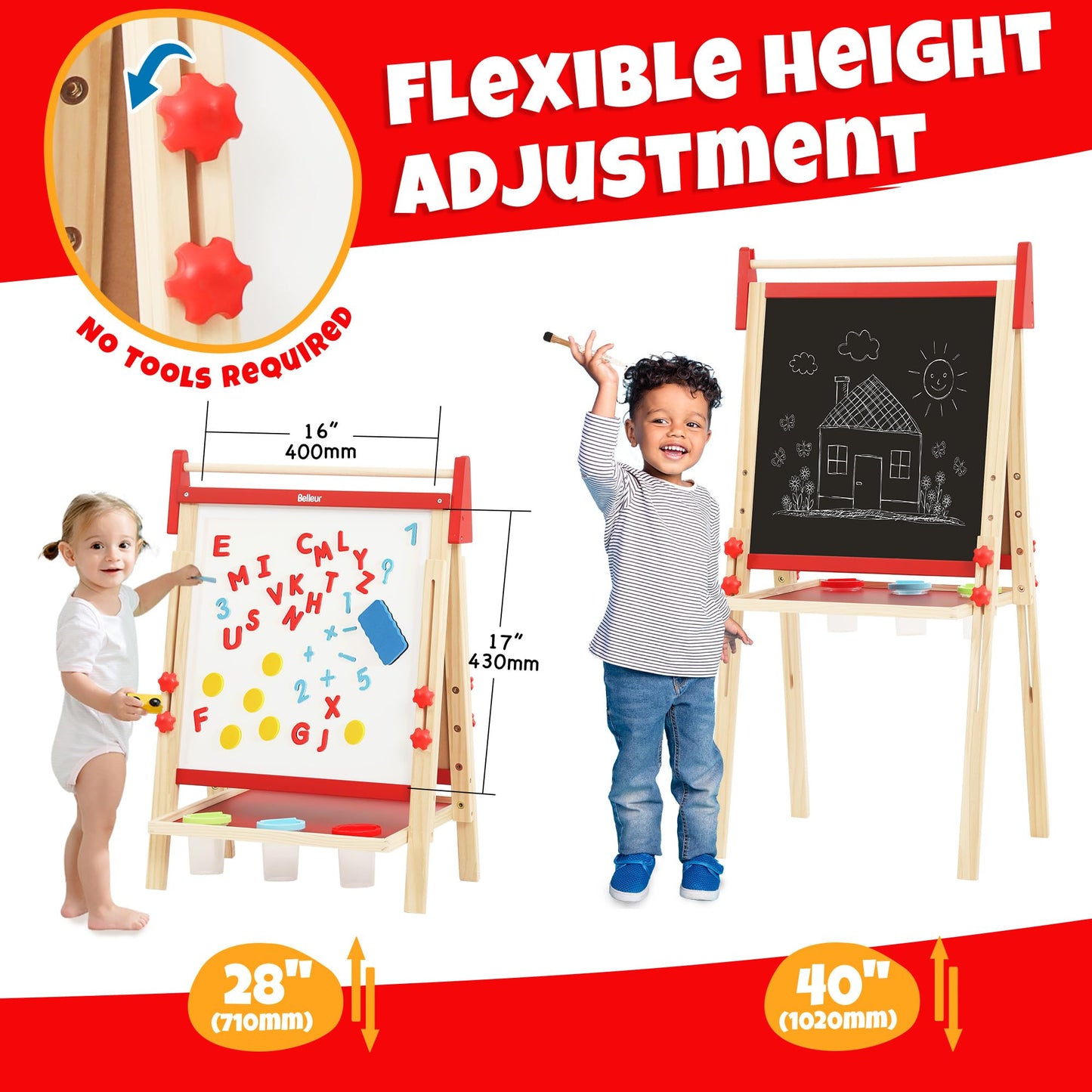 Belleur Wooden Art Easel for Kids 2+, Adjustable Double Sided Easel for Toddlers with Dry-Erase Board & Magnetic Whiteboard & Paper Roll Rod, 28"-40"