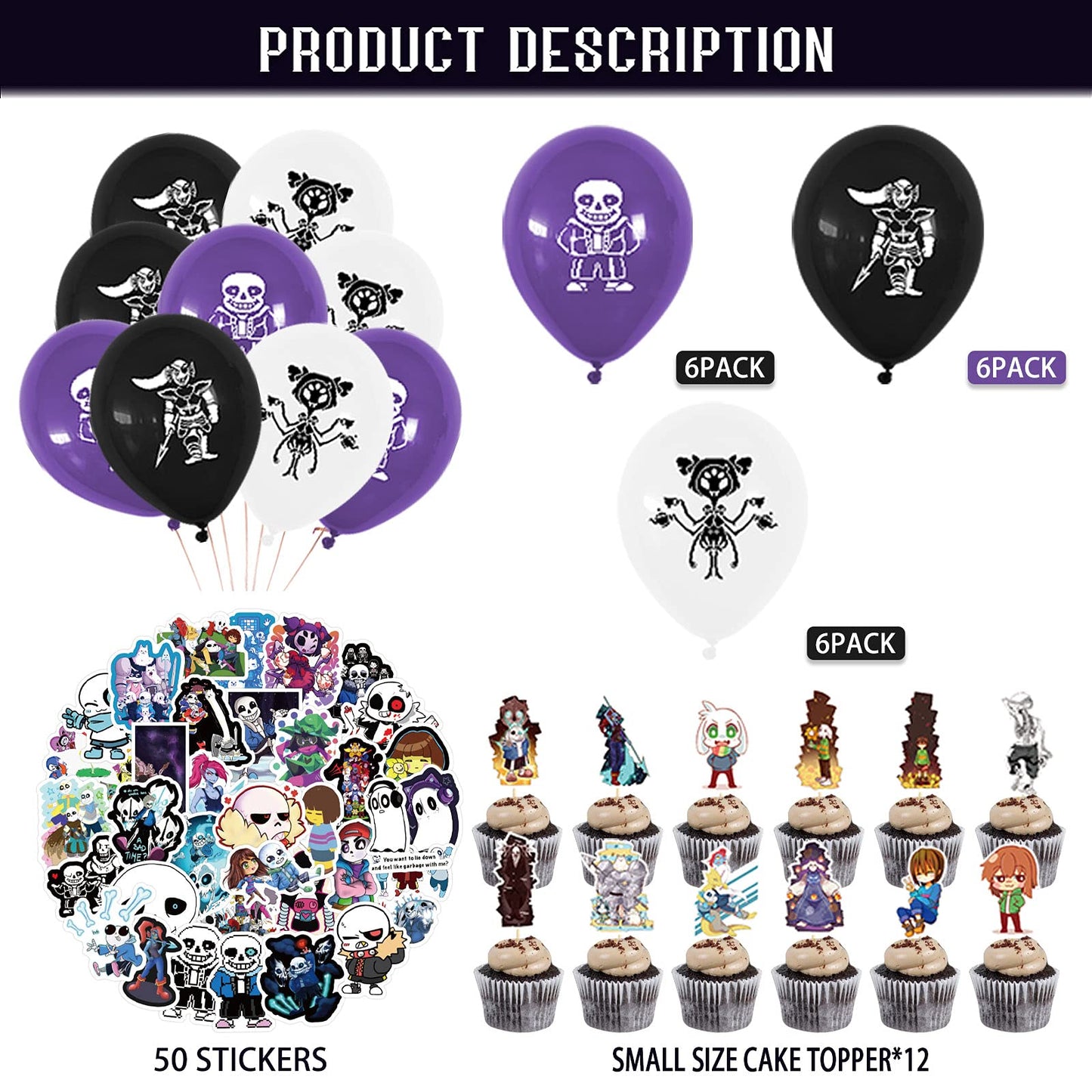 Undertale Party Decorations - Birthday Supplies with Banner, Cake Topper, 12 Cupcake Toppers, 18 Balloons, 50 Stickers
