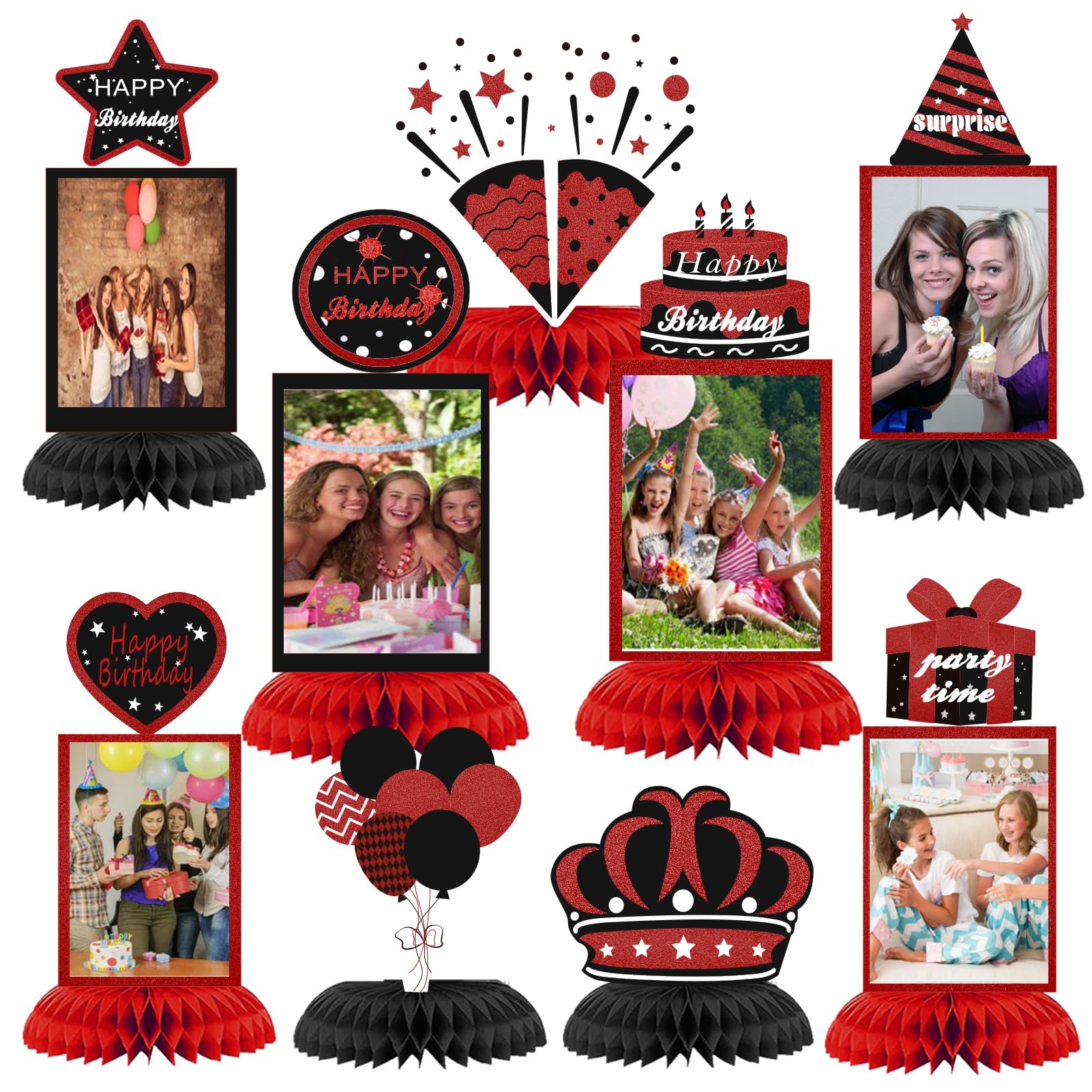 WINPOGEE 9Pcs Black Red Birthday Decorations Honeycomb Centerpieces Red Theme Birthday Photo Table Centerpiece Party Supplies 16th 30th 40th 50th 60th