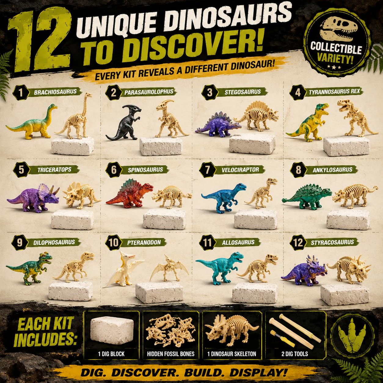 12 Pack Dinosaur Excavation Dig Kit for Kids, Dino Fossil Dig Kits with 3D Skeleton Toys, Bulk STEM Science Paleontology Archaeology Educational Toys