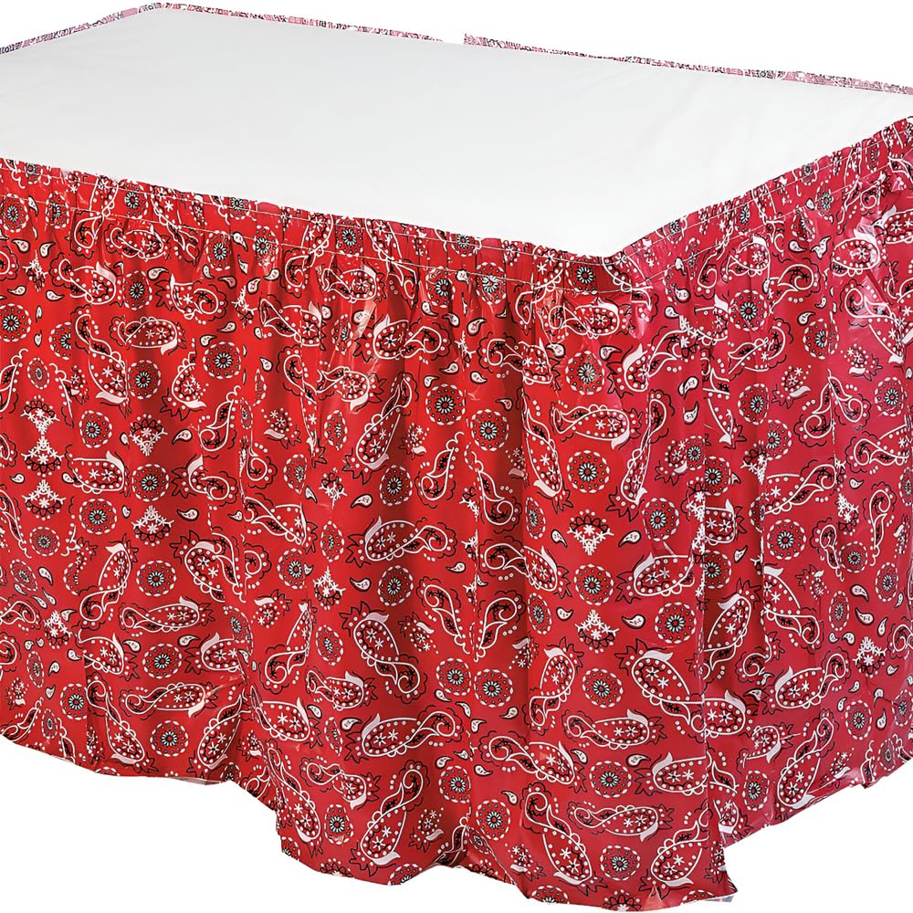 Fun Express Red Bandana Print Plastic Table Skirt for Rectangle Tables 6ft 8ft - Disposable Table Skirting with Adhesive for Western Party Table Decor