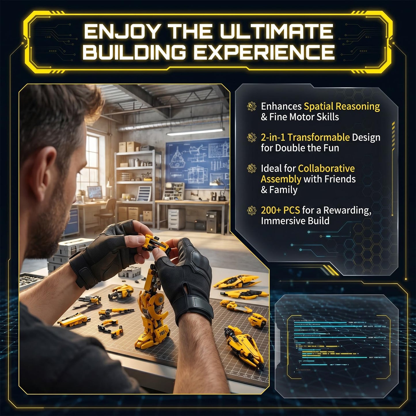 Myth Qholve 2 in 1 Wasp Robot Building Set Transforming Mecha Model Kit with Light-Up Core, Large Sci-Fi Mechanical Insect Display Figure, Advanced