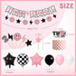 Two Cool Dude Pink Smile-Theme Birthday Party Decoration Set, Two Cool Girl Second Birthday Banner Cake Toppers Pink White Black Checker Balloons