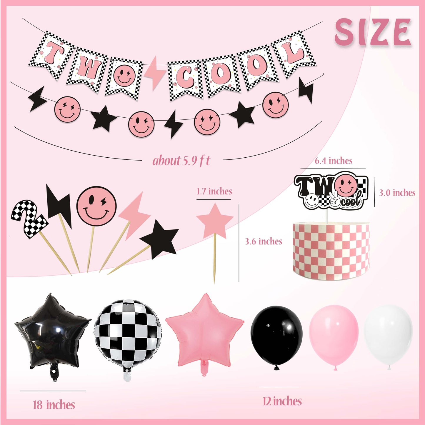 Two Cool Dude Pink Smile-Theme Birthday Party Decoration Set, Two Cool Girl Second Birthday Banner Cake Toppers Pink White Black Checker Balloons