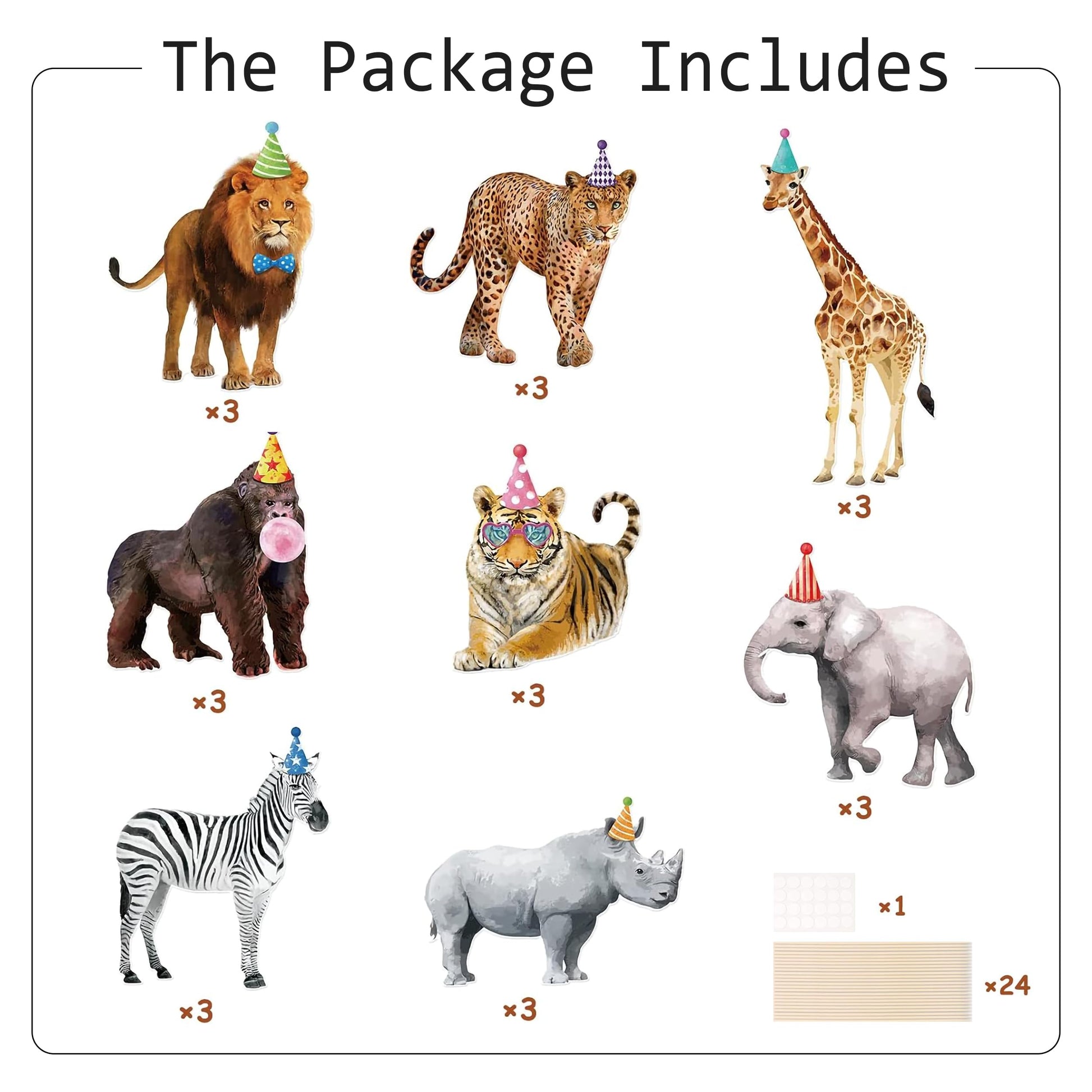 Safari Animals Table Centerpiece Sticks - 24-Pack Jungle Animal Cutout Table Toppers for Birthday & Baby Shower Party Decorations, Elephant, Lion