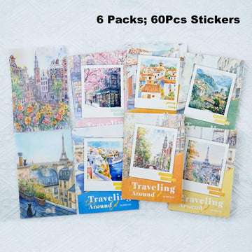 AuriicLeaf Travel Scenery PET Sticker Set, 60PCS Large Landscape Scrapbook Supplies for Journaling, DIY Crafts and Planner