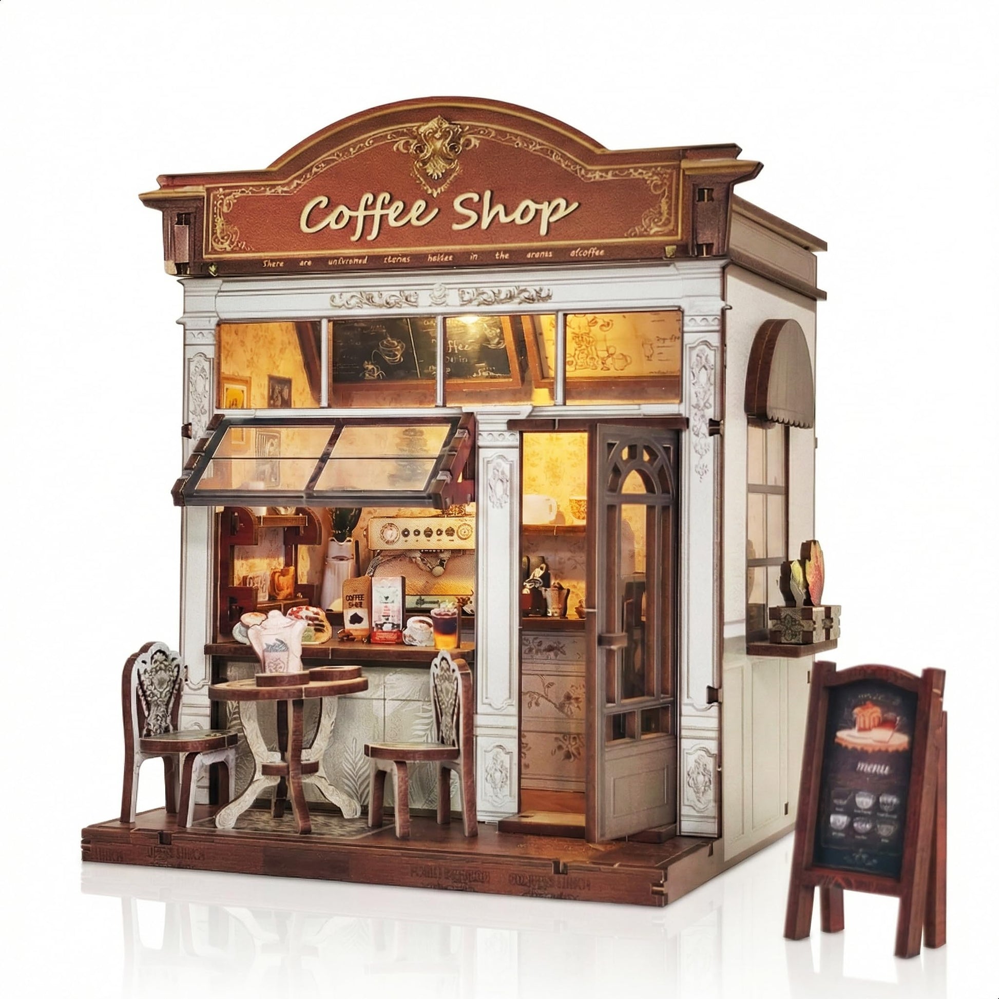 KOLOTESAME Coffee Shop Book Nook Kit, DIY Miniature House 3D Wooden Puzzle with LED Light, Bookshelf Insert Decor Tiny Dollhouse Building Kit