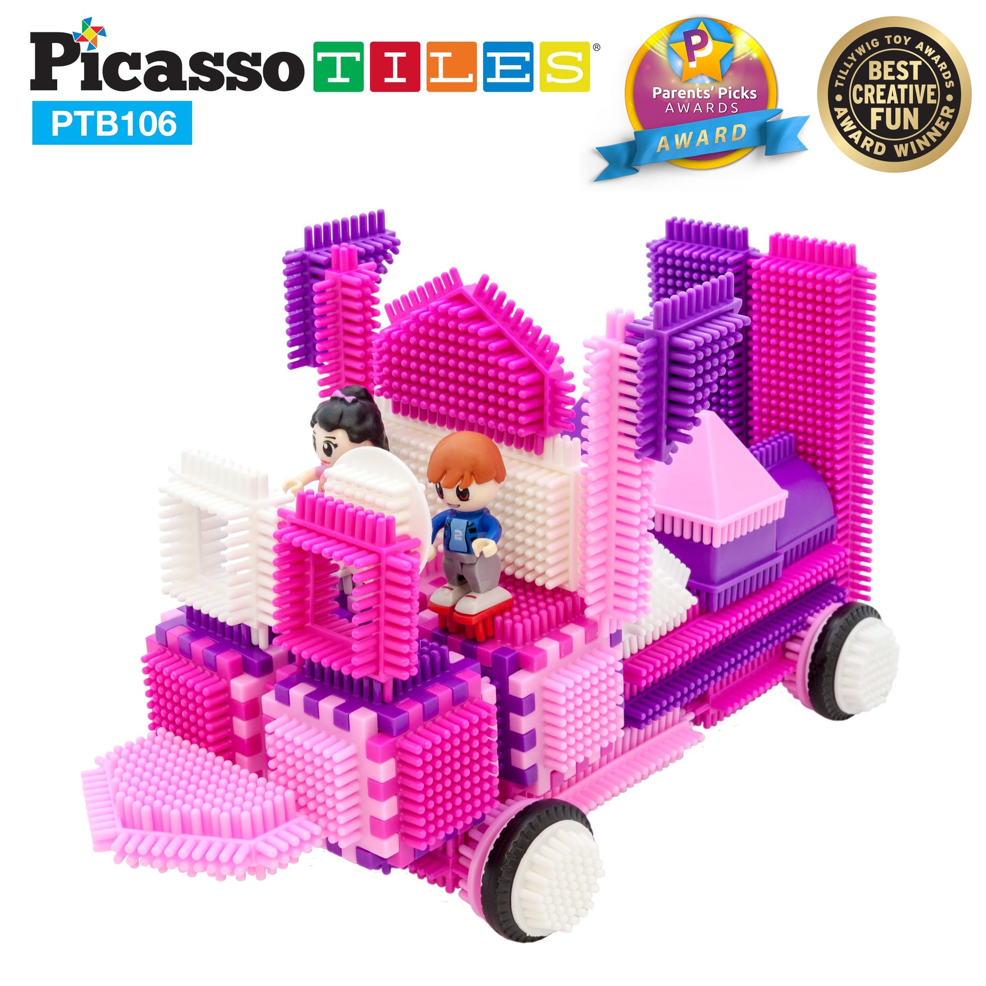 PicassoTiles PTB106 106pcs Hedgehog Lock Building Blocks Tiles Pink Castle Theme Set w/Human Figures Learning Playset STEM Toy Set Educational Kit