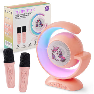 Portable Bluetooth Karaoke Machine for Kids - Karaoke Speaker for Girls with 2 Wireless Microphones, Party Lights, and Voice Effects - Pink Unicorn