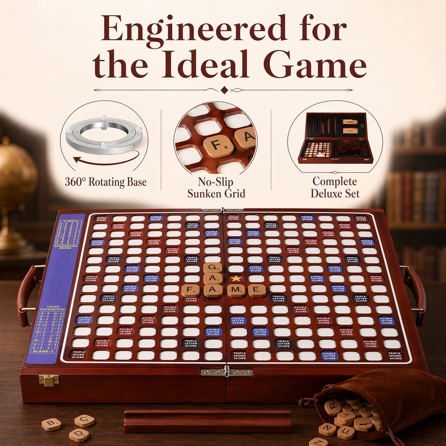 【Solid Wood】Deluxe Travel Scrabble Game,Rotatable Large Scrabble Deluxe,Raised Letter Grid,Foldable&Portable Design,Integrated Storage,100 Letter
