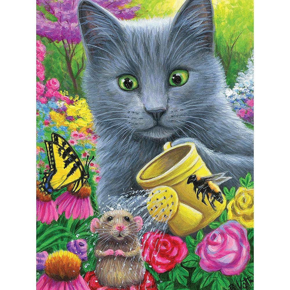 Bits and Pieces - 300 Piece Jigsaw Puzzle for Adults - Chillin in Misty's Garden - Cat Flower Mouse Butterfly Pet Kitten Jigsaw Puzzle by Artist
