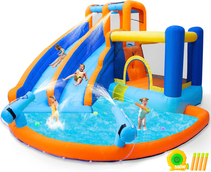 JOYLDIAS Inflatable Water Slide Bounce House,Giant Water Park, Double Slide Bouncer Castle w/Splash Pool, Jump Area, Climbing Wall, 550W Air Blower