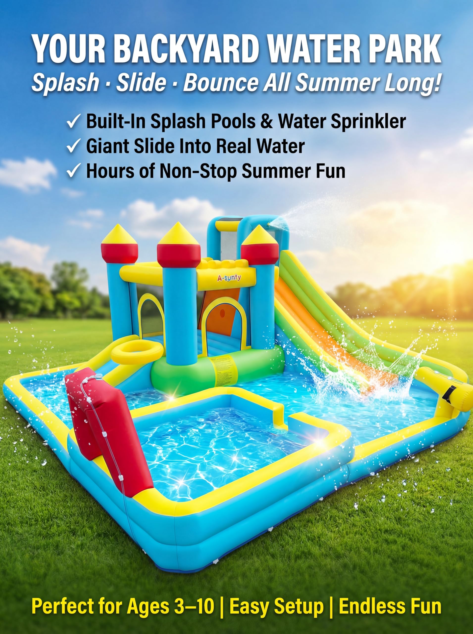 Inflatable Water Slide Bounce House for Kids, 11-in-1 Blow Up Water Park with Long Slide,Basketball Hoop,Splash Pool,Deep Pool, Water Play Center