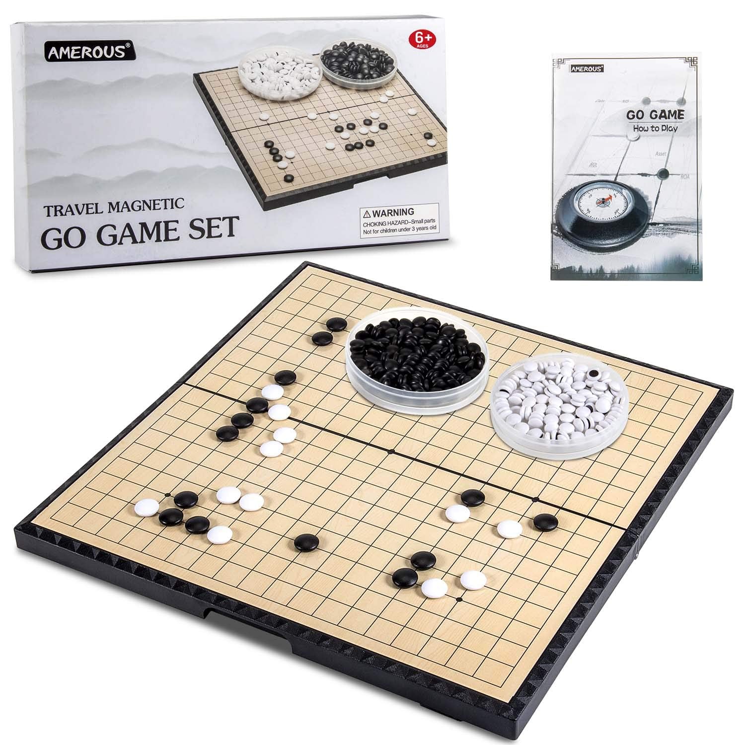 AMEROUS 11 Inches Magnetic Go Game Set (19 x 19), Travel Foldable Board Game Set with Magnetic Plastic Stones & Go Game Rules for Beginner, Kids